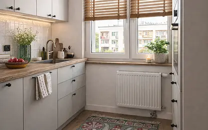 Kuchnia w stylu boho, eklektycznym i skandynawskim z drewnianymi akcentami.