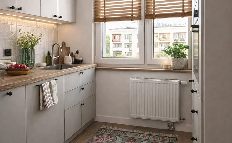 Kuchnia w stylu boho, eklektycznym i skandynawskim z drewnianymi akcentami.