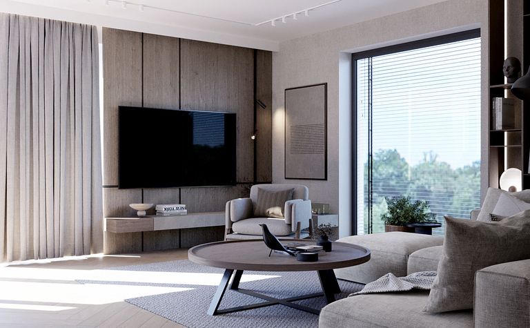 Wnętrze salonu w stylu minimalistycznym z nowoczesnymi meblami i soft minimalizmem.