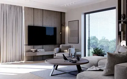 Wnętrze salonu w stylu minimalistycznym z nowoczesnymi meblami i soft minimalizmem.