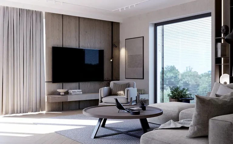 Wnętrze salonu w stylu minimalistycznym z nowoczesnymi meblami i soft minimalizmem.