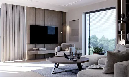 Wnętrze salonu w stylu minimalistycznym z nowoczesnymi meblami i soft minimalizmem.