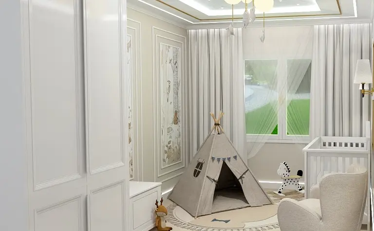Pokój dziecięcy z namiotem, białymi meblami i glamour akcentami.