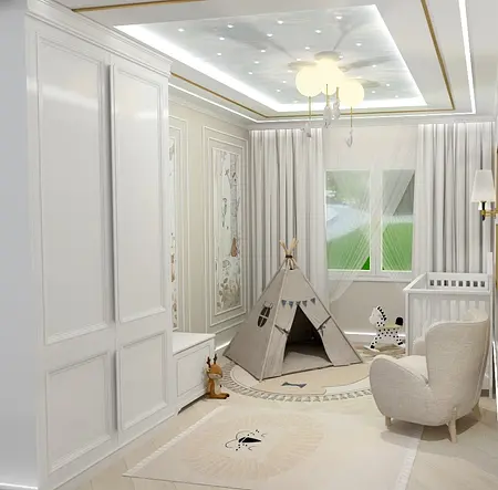 Pokój dziecięcy z namiotem, białymi meblami i glamour akcentami.