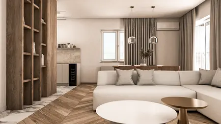 Wnętrze salonu w stylu japandi i soft minimalizm z jasnymi meblami i drewnianymi detalami.