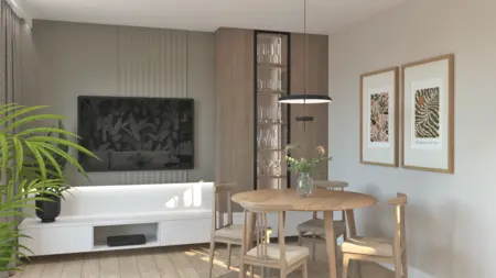 Wnętrze jadalni w stylu boho i skandynawskim z drewnianym stołem i roślinami
