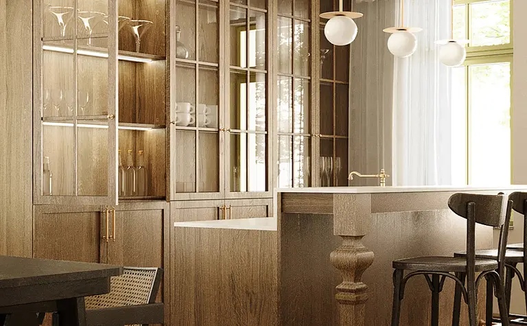 Kuchnia w stylu dopamine decor i vintage z drewnianymi meblami i nowoczesnymi akcentami.