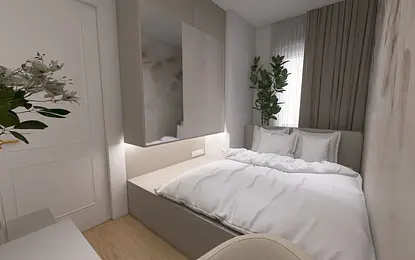 Sypialnia w minimalistycznym stylu z białym łóżkiem i nowoczesnym oświetleniem.