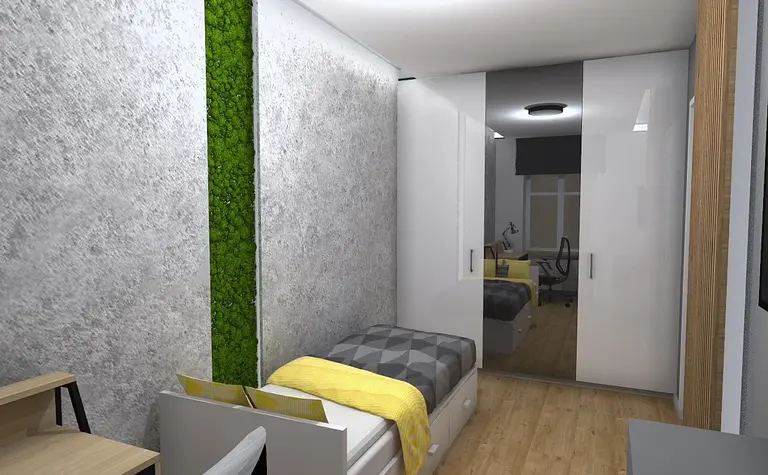 Wnętrze pokoju z łóżkiem, biurkiem i zielonym akcentem, styl industrialny, nowoczesny, skandynawski.