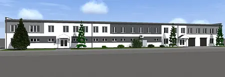 Widok zewnętrzny na budynek z białą i szaro-czarną elewacją, styl industrialny i nowoczesny.