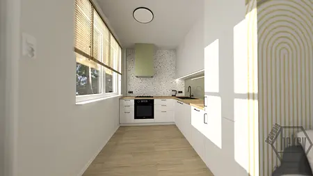 Kuchnia w stylu minimalistycznym z białymi meblami i drewnianymi akcentami.