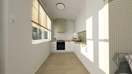 Kuchnia w stylu minimalistycznym z białymi meblami i drewnianymi akcentami.