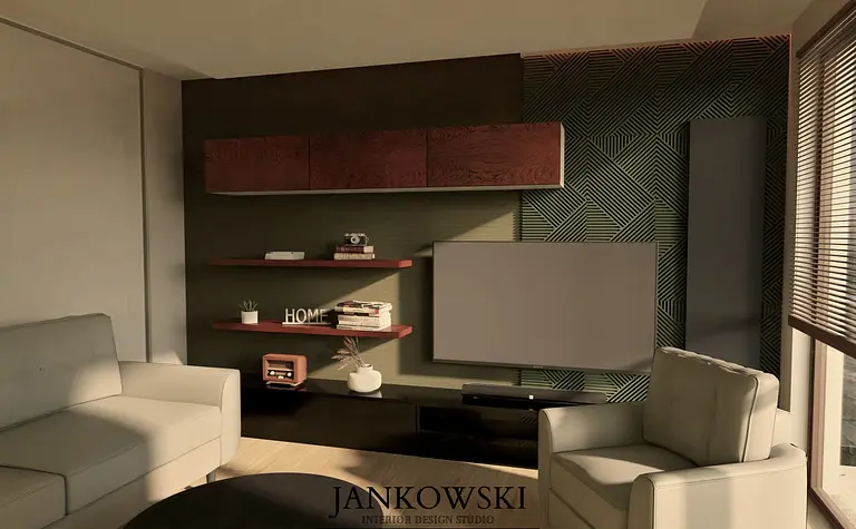 Wnętrze salonu z drewnianymi meblami, szarymi ścianami i dekoracjami w stylu eklektycznym.