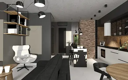 Kuchnia w stylu industrialnym z czarnymi meblami i ceglaną ścianą.