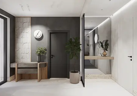 Przedpokój w stylu industrialnym i współczesnym z szarymi ścianami i drewnianymi meblami.