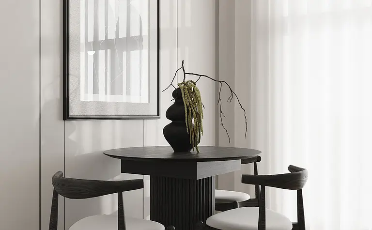 Nowoczesny kącik jadalniany z industrialnymi akcentami i minimalistycznym wystrojem.