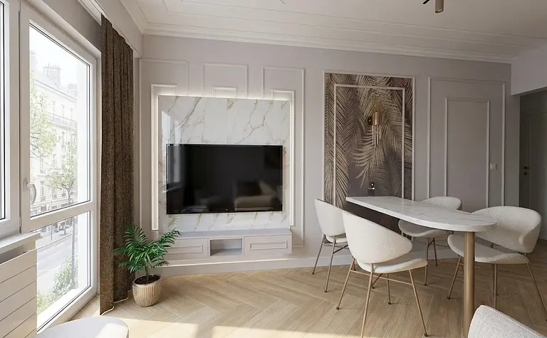 Nowoczesne wnętrze z telewizorem, drewnianą podłogą i jasnymi meblami w stylu glamour