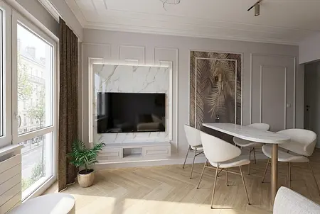 Nowoczesne wnętrze z telewizorem, drewnianą podłogą i jasnymi meblami w stylu glamour