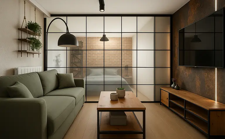 Wnętrze salonu w stylu industrialnym z zieloną sofą i drewnianym stołem.