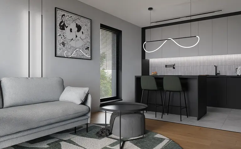 Minimalistyczne wnętrze kuchni z szarymi meblami i czarnymi detalami.