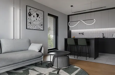 Minimalistyczne wnętrze kuchni z szarymi meblami i czarnymi detalami.