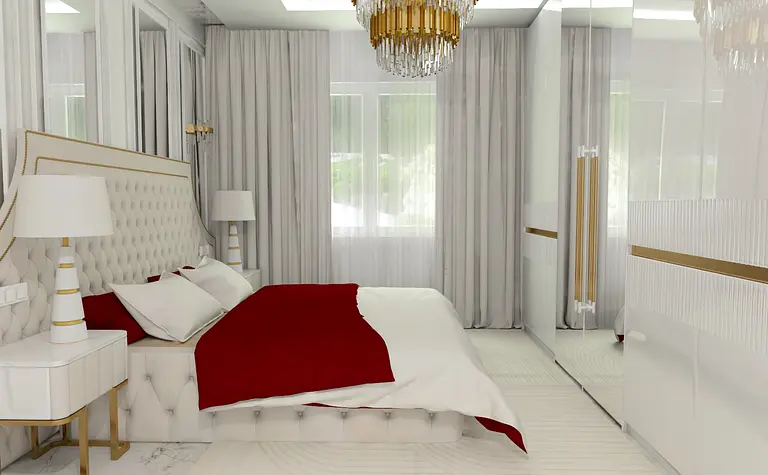 Sypialnia glamour z białym łóżkiem, czerwonymi poduszkami i złotymi akcentami.