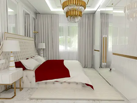 Sypialnia glamour z białym łóżkiem, czerwonymi poduszkami i złotymi akcentami.