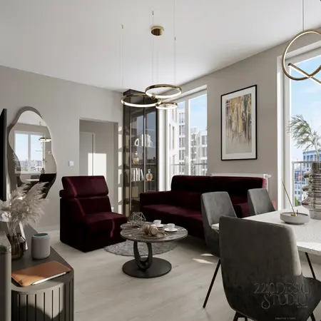 Salon w stylu quiet luxury z burgundową sofą i nowoczesnymi akcentami.