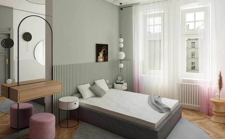 Sypialnia z szarym łóżkiem, różowymi dodatkami i zielonymi ścianami w stylu dopamine decor.