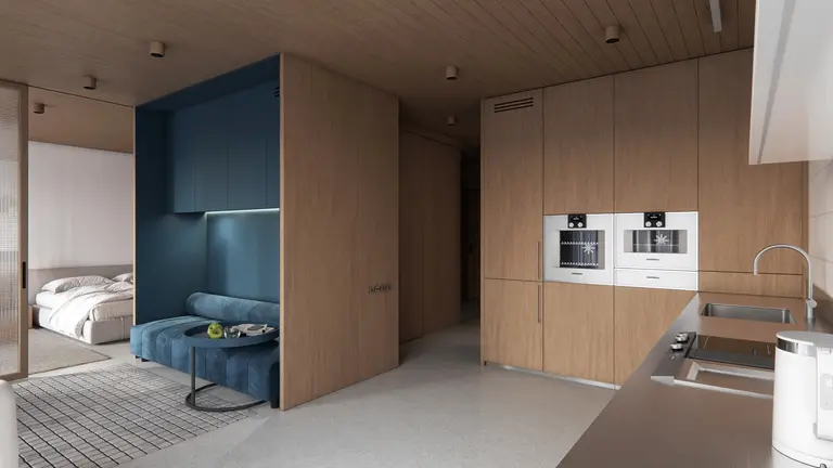 Kuchnia z drewnianymi frontami, niebieską sofą i łóżkiem w studio, styl boho, eklektyczny, japandi, minimalistyczny, nowoczesny