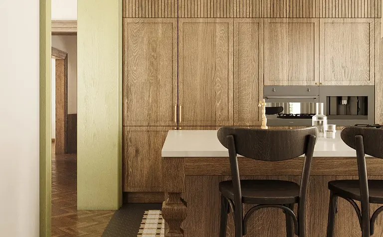 Wnętrze kuchni w stylu dopamine decor, eklektycznym i vintage z drewnianymi elementami.