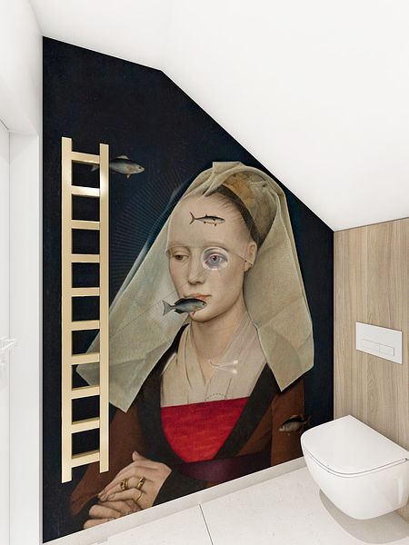 Toaleta z muralem w stylu art deco i nowoczesnym, drewnianymi elementami.