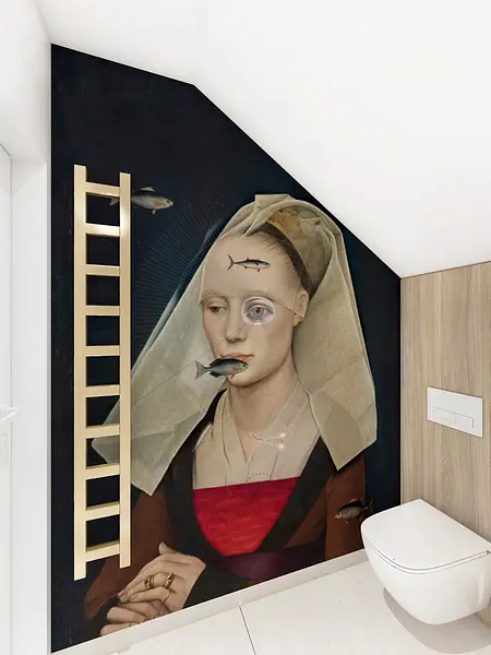 Toaleta z muralem w stylu art deco i nowoczesnym, drewnianymi elementami.