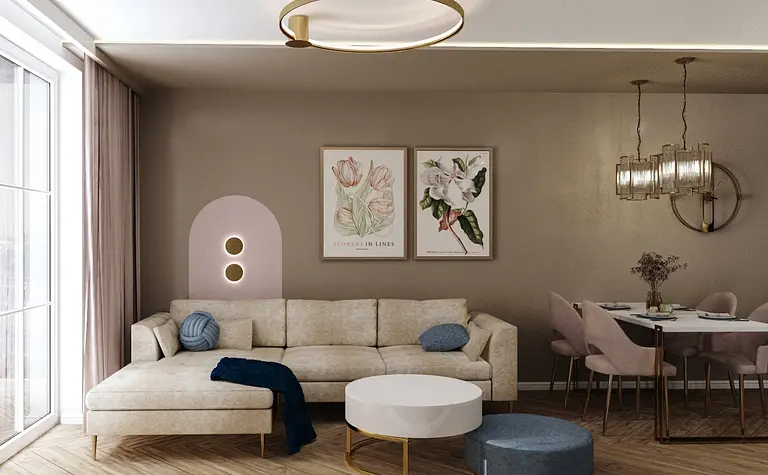 Wnętrze salonu w stylu glamour z nowoczesnymi meblami