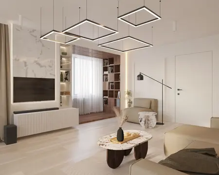 Wnętrze salonu w stylu glamour, japandi i nowoczesnym z jasnymi meblami i drewnem.