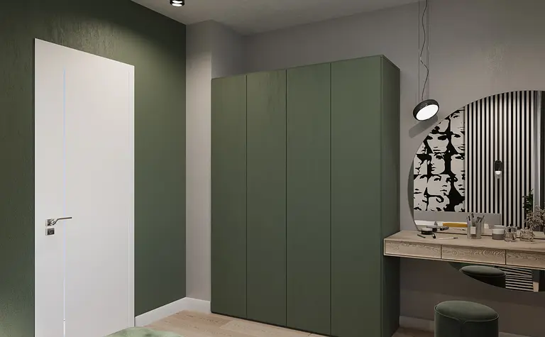 Wnętrze eklektycznego pokoju z minimalistycznym biurkiem i nowoczesnym oświetleniem.