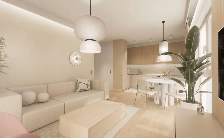 Wnętrze salonu w stylu japandi, minimalistycznym, nowoczesnym, quiet luxury.