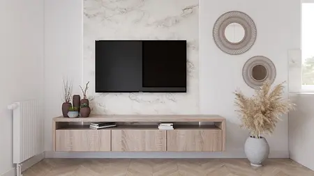 Wnętrze salonu w stylu tradycyjnym z telewizorem, drewnianą komodą oraz dekoracjami.