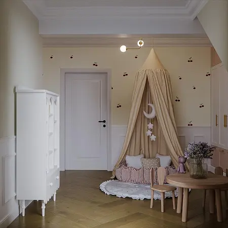 Pokój dziecięcy w stylu art deco i eklektycznym z namiotem, białymi meblami i drewnianą podłogą.