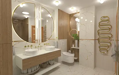 Wnętrze łazienki w stylu glamour z drewnem i nowoczesnymi elementami.