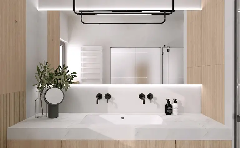 Nowoczesna łazienka z drewnianymi elementami i minimalistycznym designem.