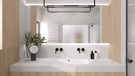 Nowoczesna łazienka z drewnianymi elementami i minimalistycznym designem.
