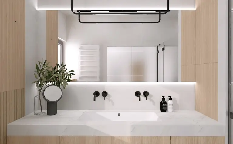 Nowoczesna łazienka z drewnianymi elementami i minimalistycznym designem.