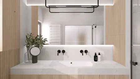 Nowoczesna łazienka z drewnianymi elementami i minimalistycznym designem.