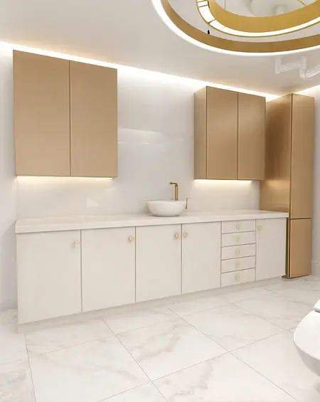 Nowoczesna łazienka z białymi meblami i złotymi detalami.