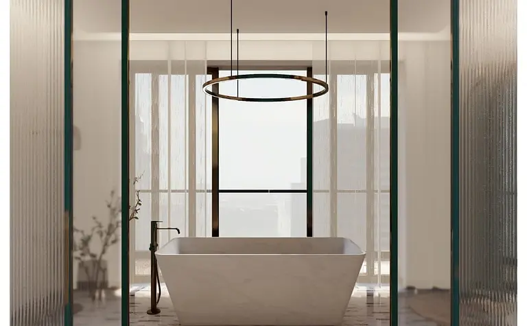 Wnętrze łazienki z wanną, oknami i stylami glamour, nowoczesnym, quiet luxury.