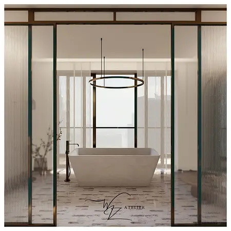 Wnętrze łazienki z wanną, oknami i stylami glamour, nowoczesnym, quiet luxury.