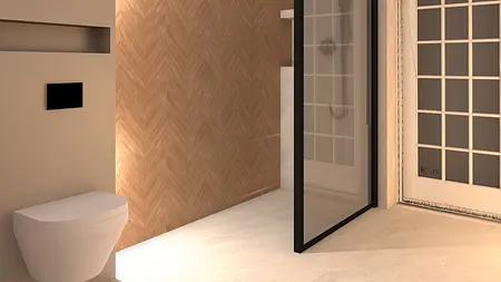 Wnętrze minimalistycznej łazienki z beżowymi ścianami, brązowymi detalami oraz nowoczesną kabiną prysznicową.