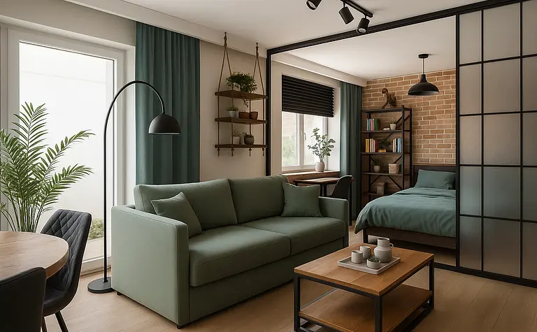Wnętrze w stylu industrialnym z zieloną sofą, drewnianym stolikiem i książkami na półkach.