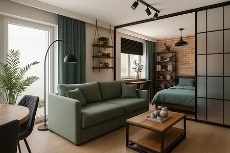 Wnętrze w stylu industrialnym z zieloną sofą, drewnianym stolikiem i książkami na półkach.